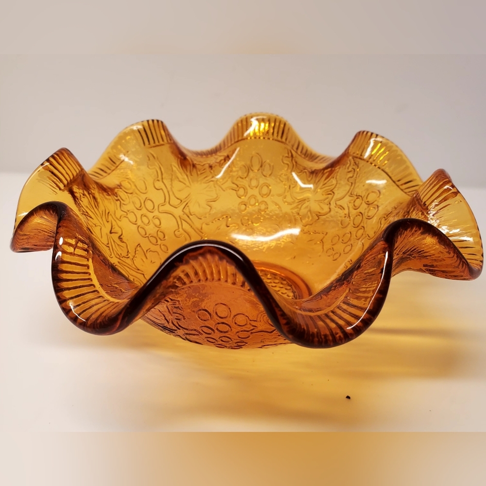 Amber Glass Ruffled Edge Candy Dish Grape Vine Pattern Small 6" w 2.5" h VTG